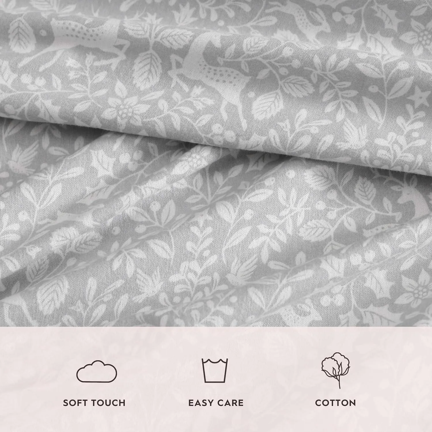 Laura Ashley - Queen Sheets, Breathable Cotton Flannel Bedding with Deep Pockets, Brushed for Extra Softness & Comfort, Oeko-Tex Certified (Deer Dance Grey, Queen)