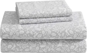 Laura Ashley - Queen Sheets, Breathable Cotton Flannel Bedding with Deep Pockets, Brushed for Extra Softness & Comfort, Oeko-Tex Certified (Deer Dance Grey, Queen)