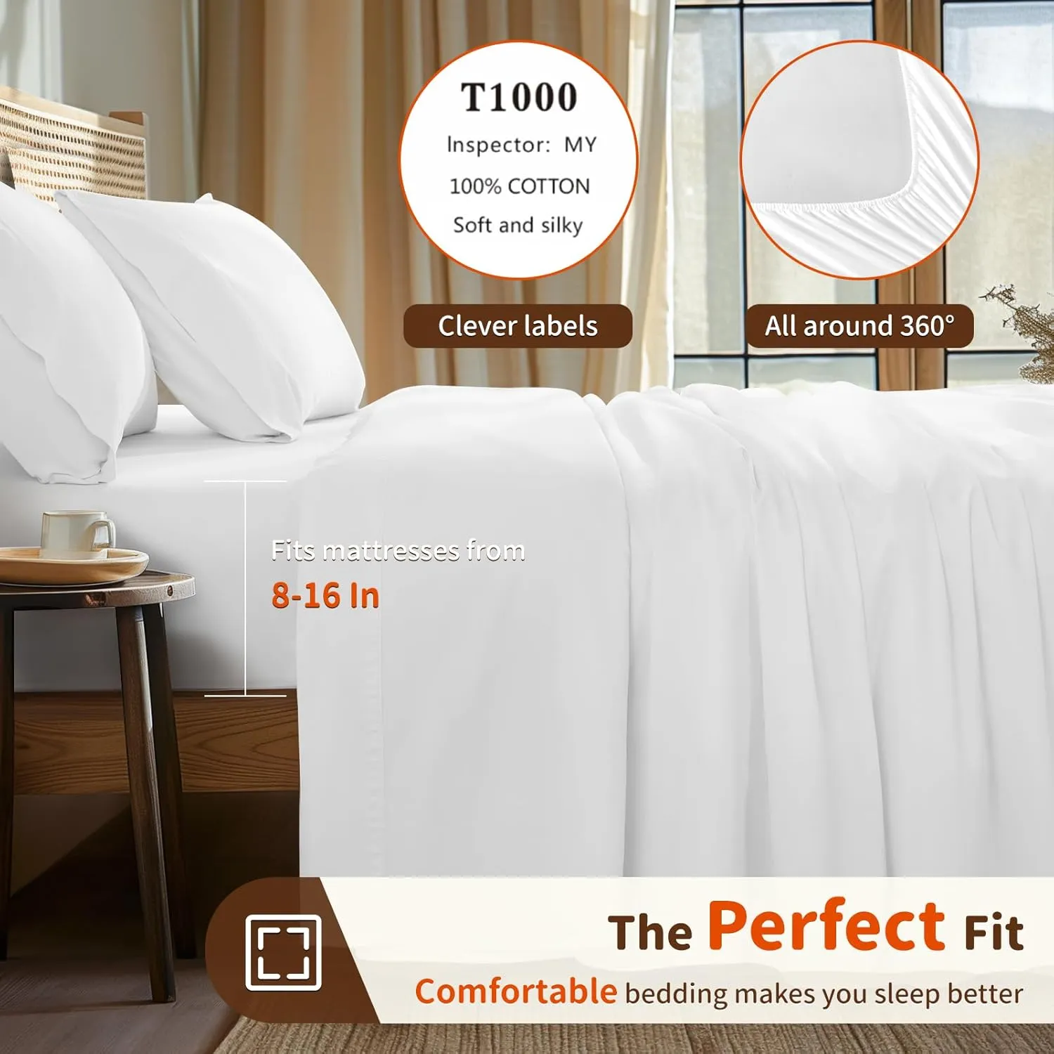 LBRO2M 100% Egyptian Cotton Sheets Set 1000 Thread Count,Queen Size Bed Sheet 4 Piece Sets,Long Staple,16 Inches Deep Pocket,All Season,Bedding Super Soft Breathable,Sateen Weave(White)