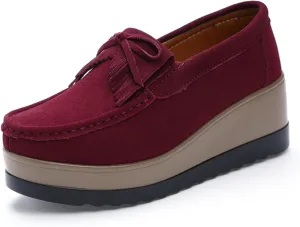 Lefu Women's Tassel Suede Wedge Shoes with Arch Support, Wide Low Cut Casual Shoes