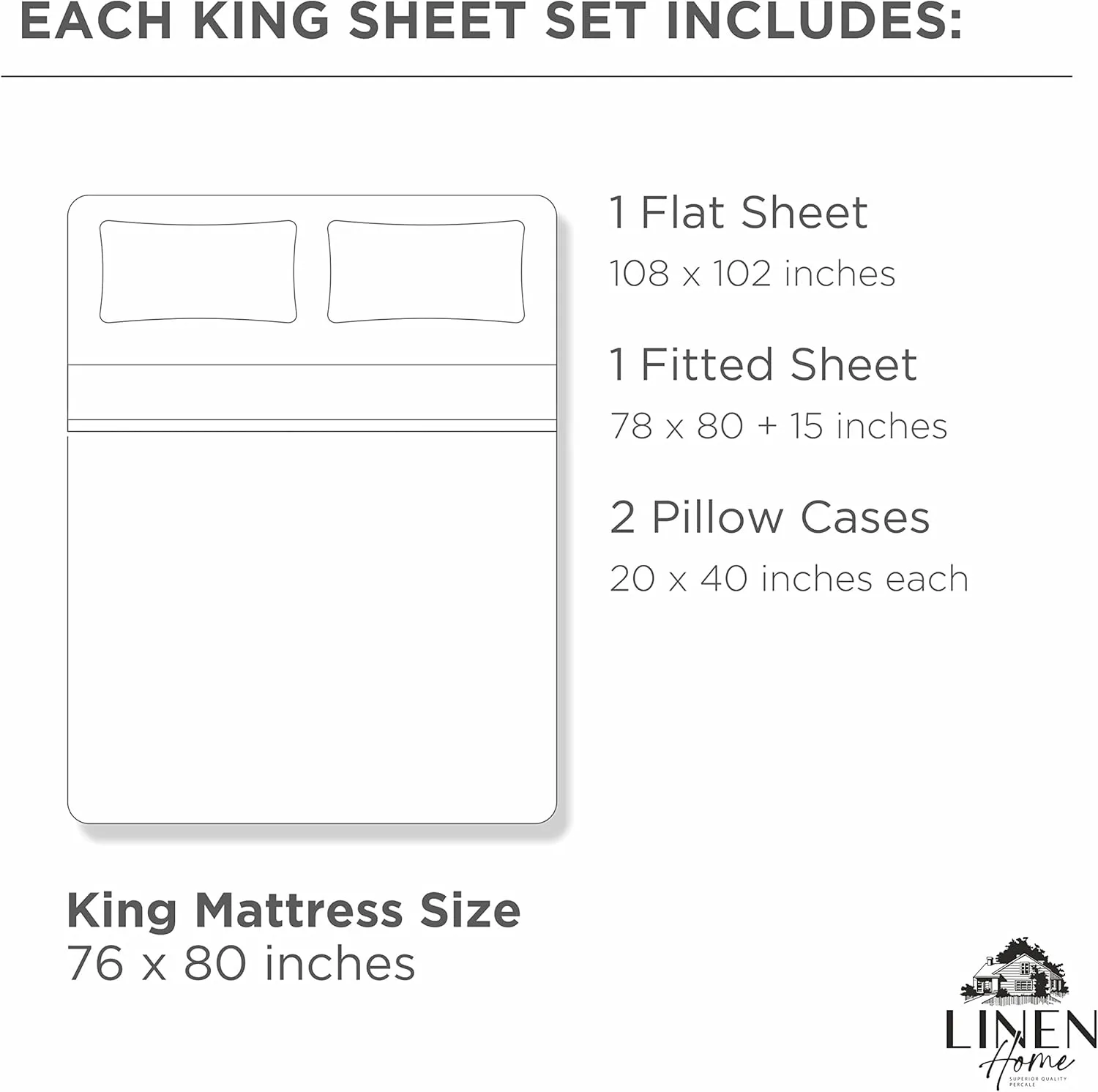 Linen Home 100% Cotton Marrow Percale Sheet Set, King Size, Dark Blue, 4 Pieces - 1 Flat, 1 Deep Pocket Fitted Sheet and 2 Pillowcases, Breathable, Crisp Cool and Strong Bed Linen
