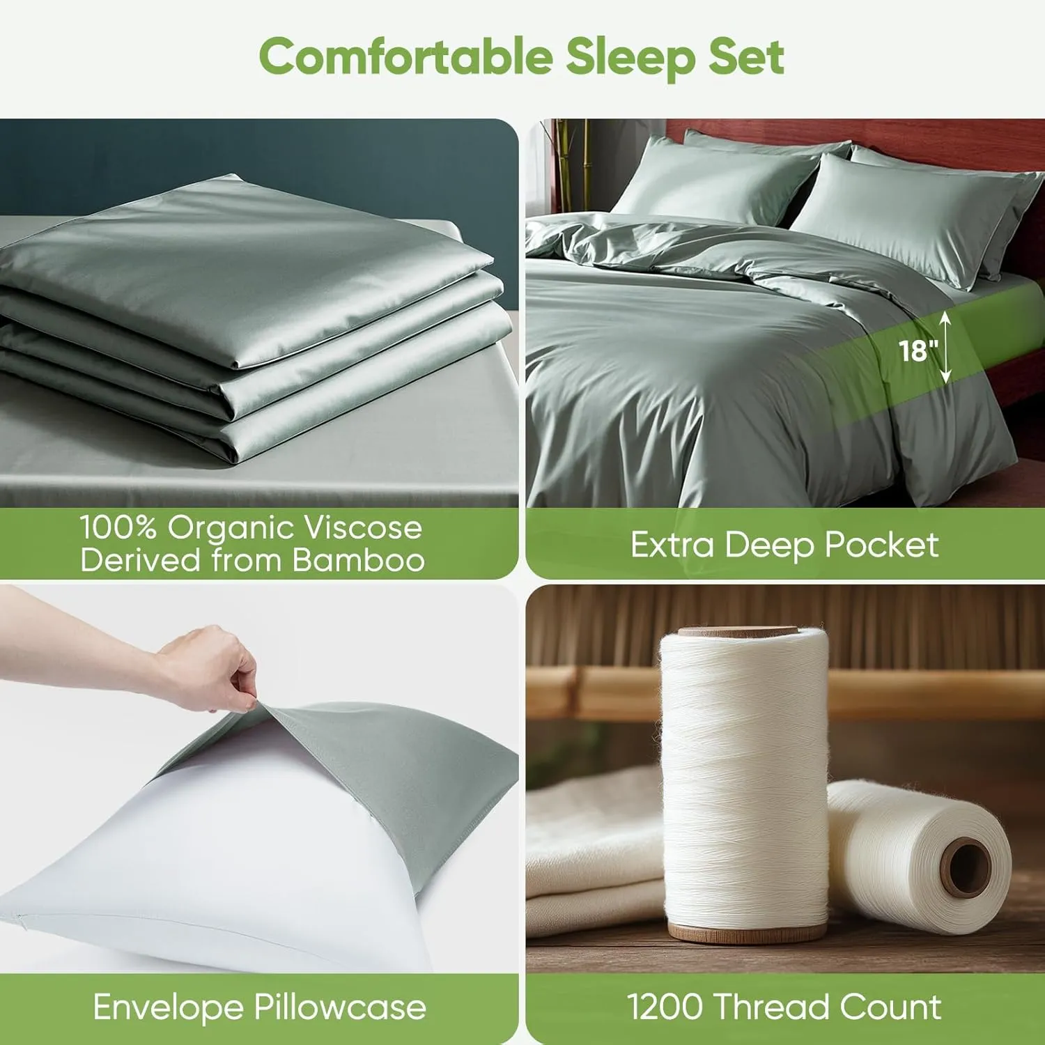 Luxury Sheet Set, Genuine 100% Organic Viscose Derived from Bamboo, Cooling & Breathable, Silky Soft, Bedding Sheets & Pillowcases (Sea Glass, King)
