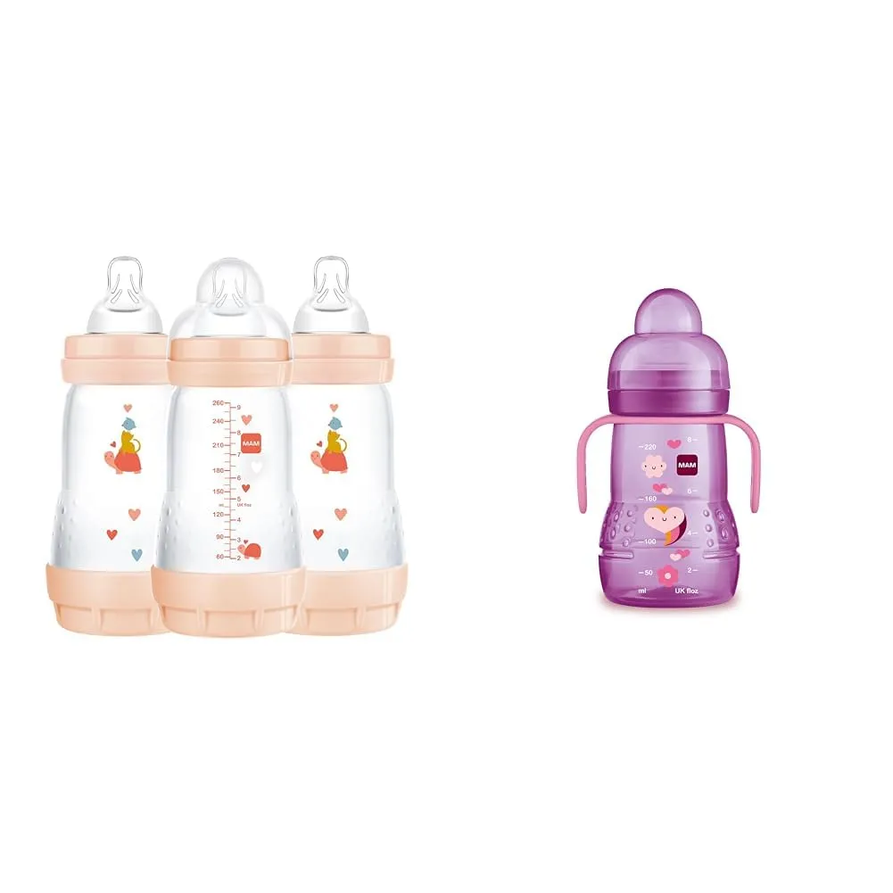 MAM Easy Start Anti-Colic Bottle, Baby Essentials, Medium Flow Bottles & Plastic Trainer Cup (1 Count), 8 oz. Trainer Drinking Cup