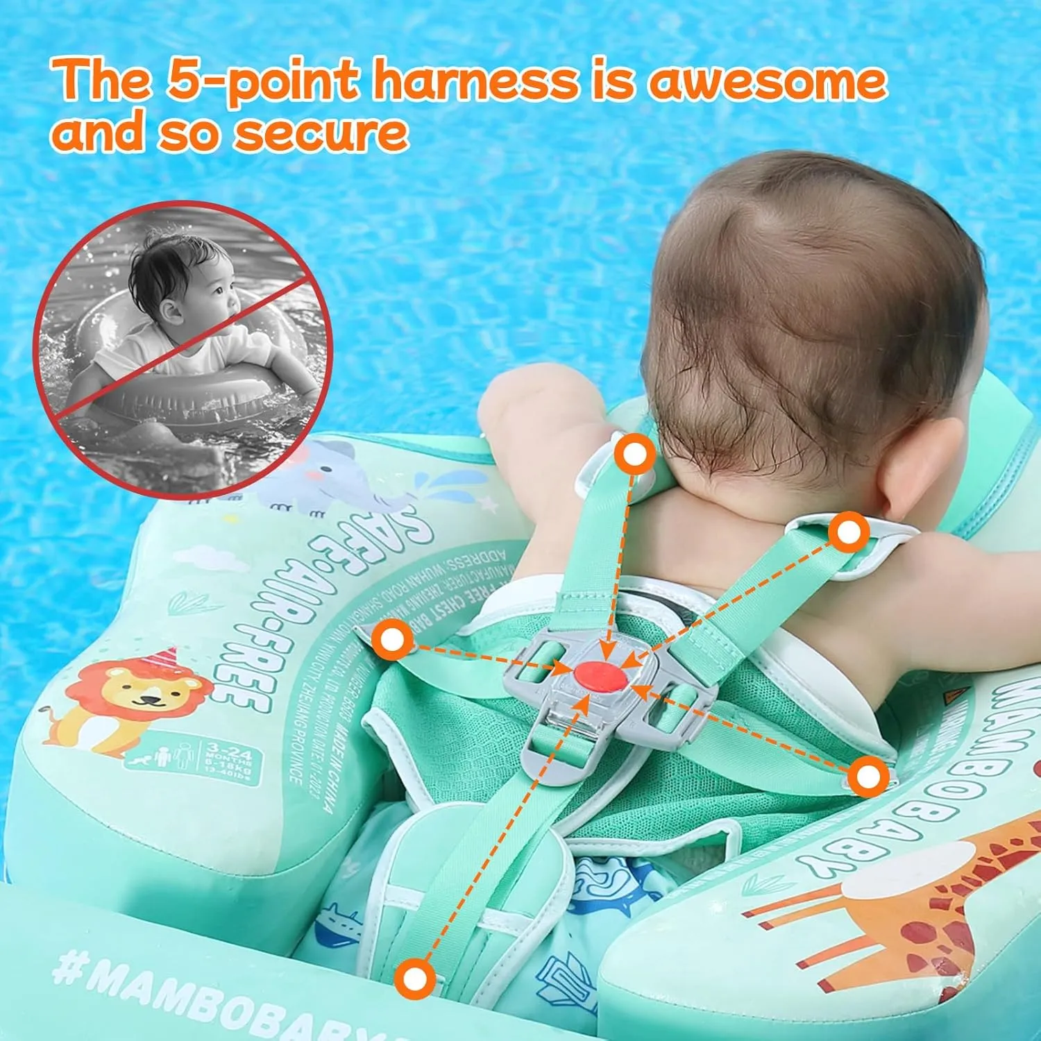 Mambobaby Float Add Tail No Flip Over Non-Inflatable Baby Swim Float Pearl Foam Solid Water Floats Smart Swim Trainer Infant Pool Float Swim Ring with Sun Canopy