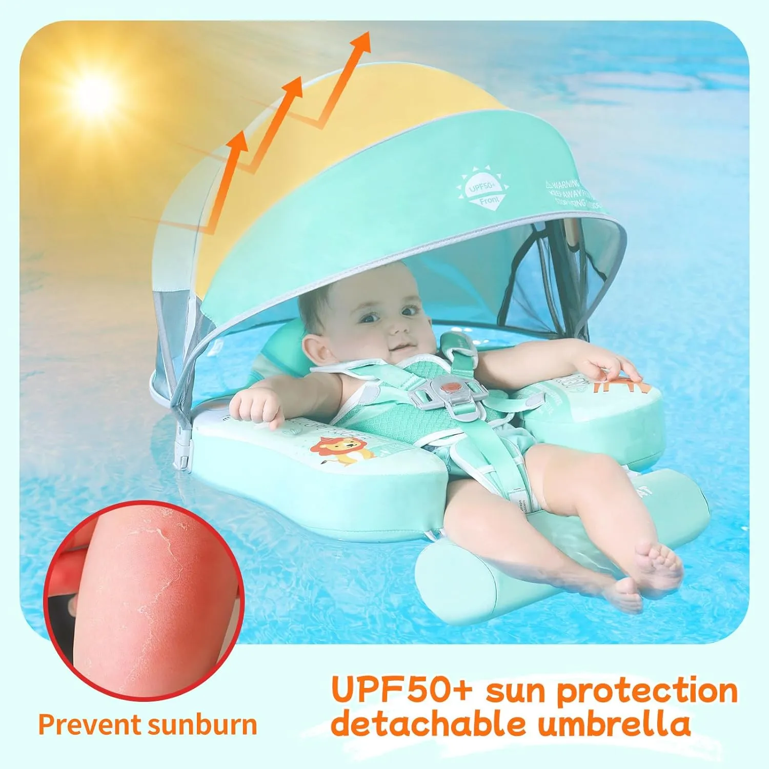 Mambobaby Float Add Tail No Flip Over Non-Inflatable Baby Swim Float Pearl Foam Solid Water Floats Smart Swim Trainer Infant Pool Float Swim Ring with Sun Canopy