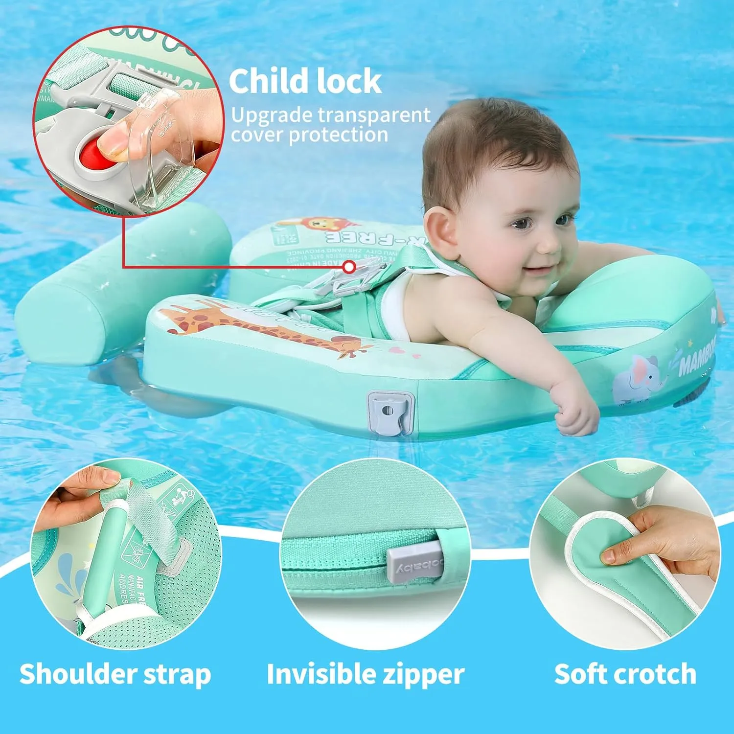 Mambobaby Float Add Tail No Flip Over Non-Inflatable Baby Swim Float Pearl Foam Solid Water Floats Smart Swim Trainer Infant Pool Float Swim Ring with Sun Canopy