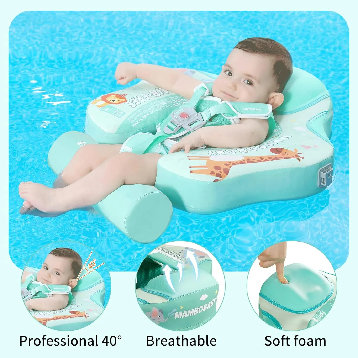 Mambobaby Float Add Tail No Flip Over Non-Inflatable Baby Swim Float Pearl Foam Solid Water Floats Smart Swim Trainer Infant Pool Float Swim Ring with Sun Canopy