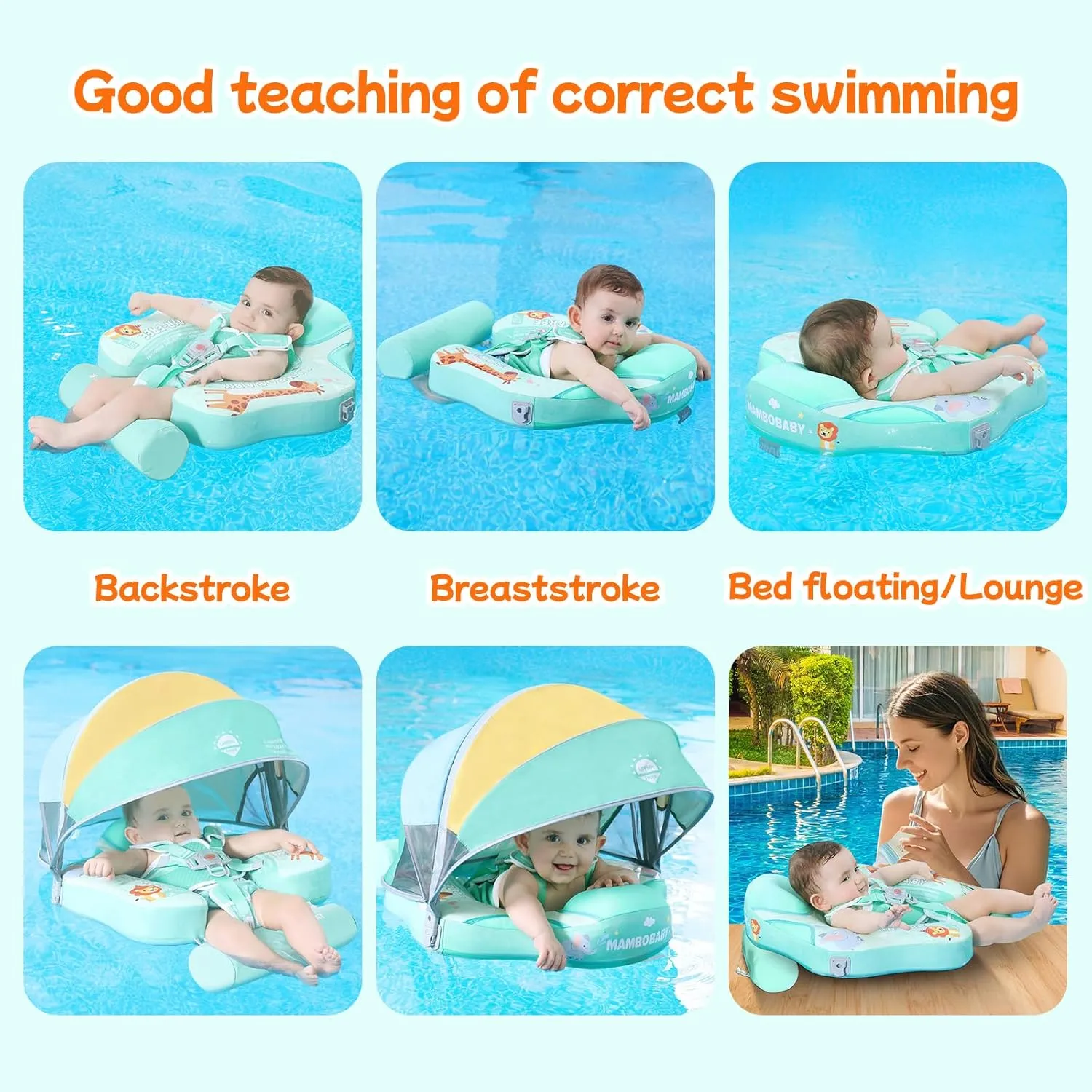 Mambobaby Float Add Tail No Flip Over Non-Inflatable Baby Swim Float Pearl Foam Solid Water Floats Smart Swim Trainer Infant Pool Float Swim Ring with Sun Canopy
