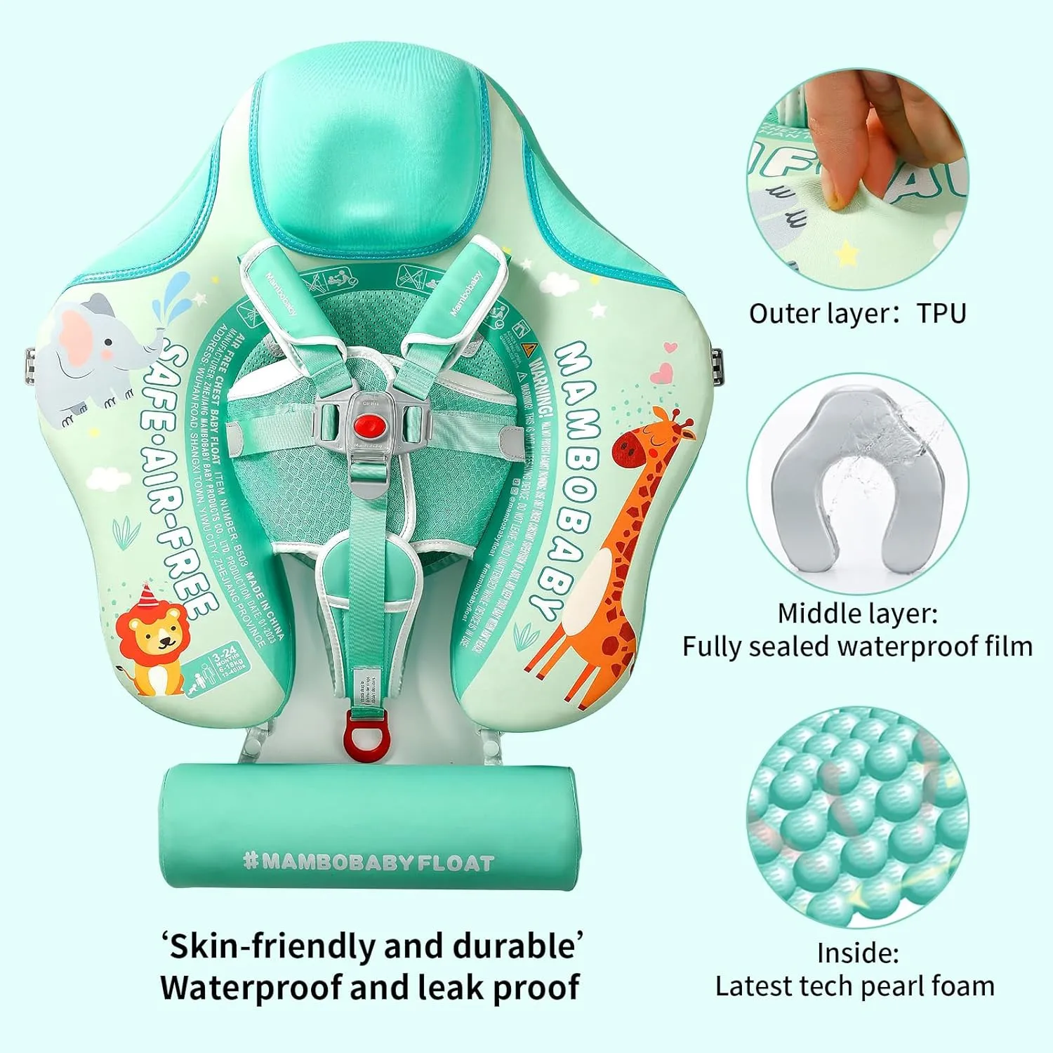 Mambobaby Float Add Tail No Flip Over Non-Inflatable Baby Swim Float Pearl Foam Solid Water Floats Smart Swim Trainer Infant Pool Float Swim Ring with Sun Canopy