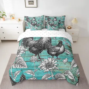 Manfei 7 Pieces Chicken Comforter Set Twin Size, Sunflower Bedding Set for Kids Girls Boys Room Decor, Blue Wooden Plank Bed in a Bag 7pcs with Comforter, Fitted Sheet, Flat Sheet and Pillow Cases