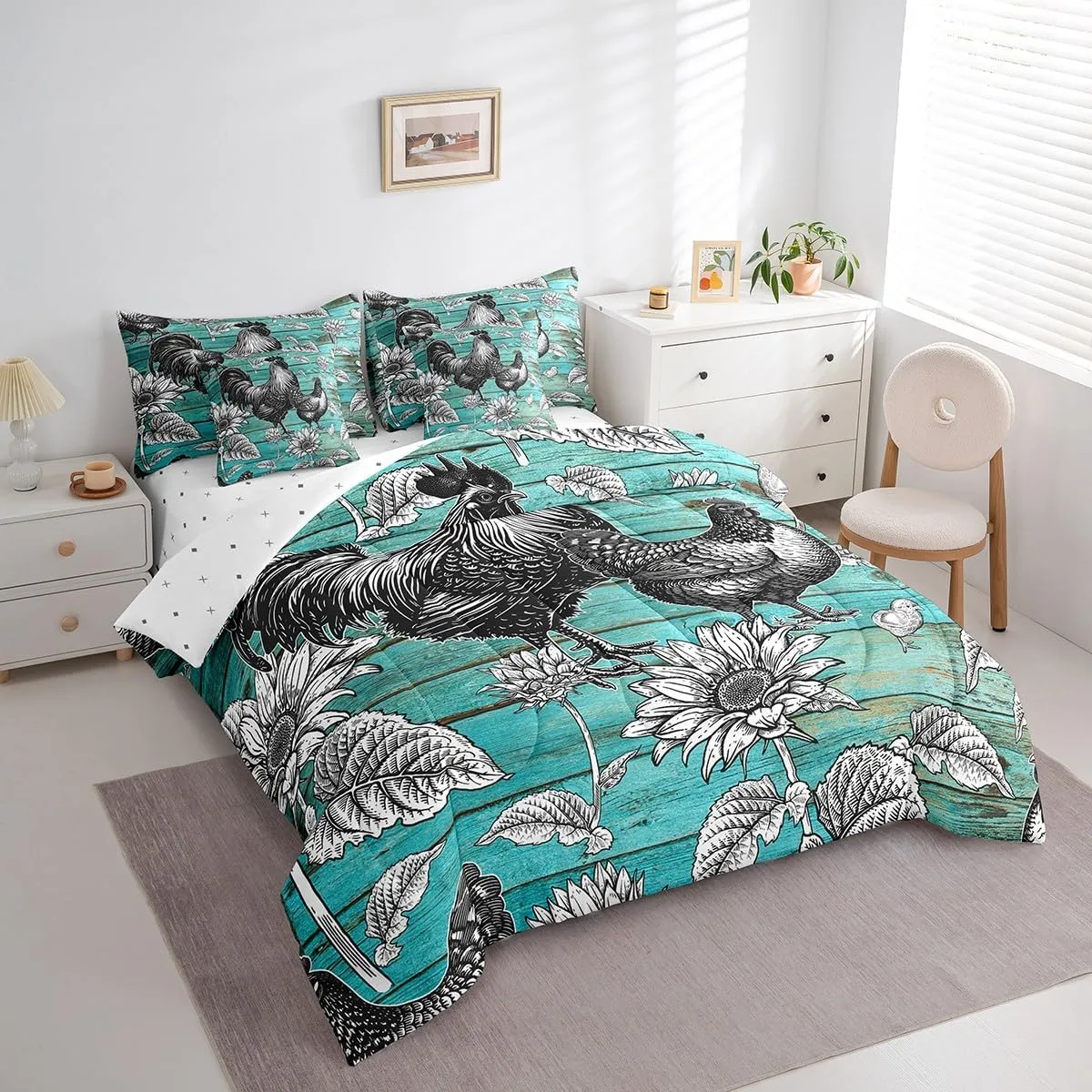 Manfei 7 Pieces Chicken Comforter Set Twin Size, Sunflower Bedding Set for Kids Girls Boys Room Decor, Blue Wooden Plank Bed in a Bag 7pcs with Comforter, Fitted Sheet, Flat Sheet and Pillow Cases