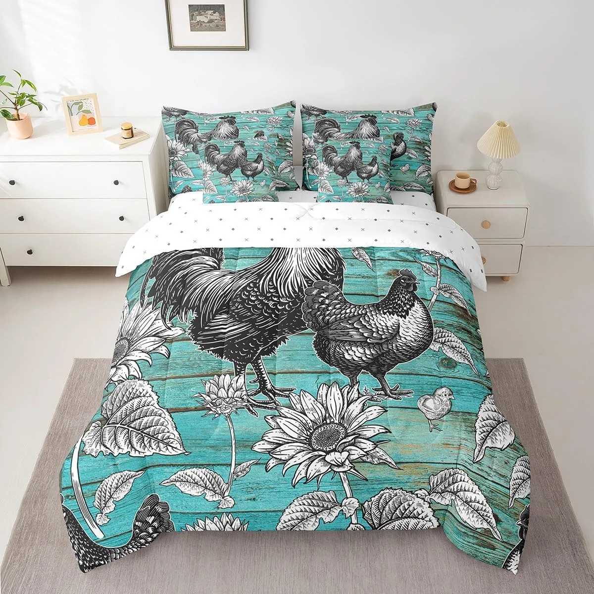 Manfei 7 Pieces Chicken Comforter Set Twin Size, Sunflower Bedding Set for Kids Girls Boys Room Decor, Blue Wooden Plank Bed in a Bag 7pcs with Comforter, Fitted Sheet, Flat Sheet and Pillow Cases