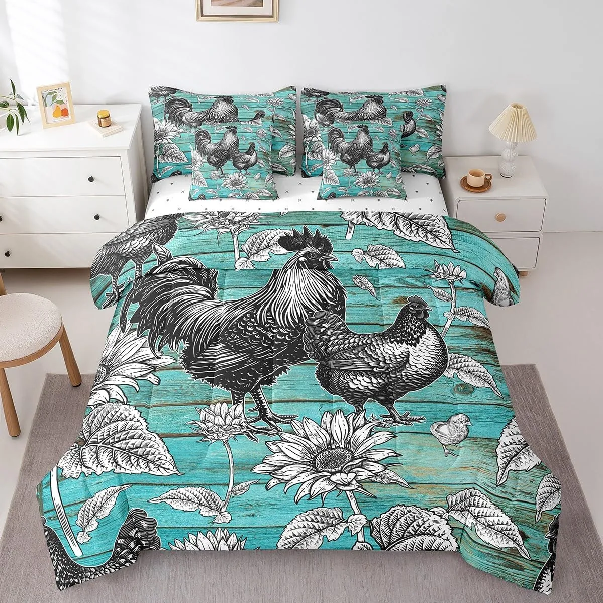 Manfei 7 Pieces Chicken Comforter Set Twin Size, Sunflower Bedding Set for Kids Girls Boys Room Decor, Blue Wooden Plank Bed in a Bag 7pcs with Comforter, Fitted Sheet, Flat Sheet and Pillow Cases