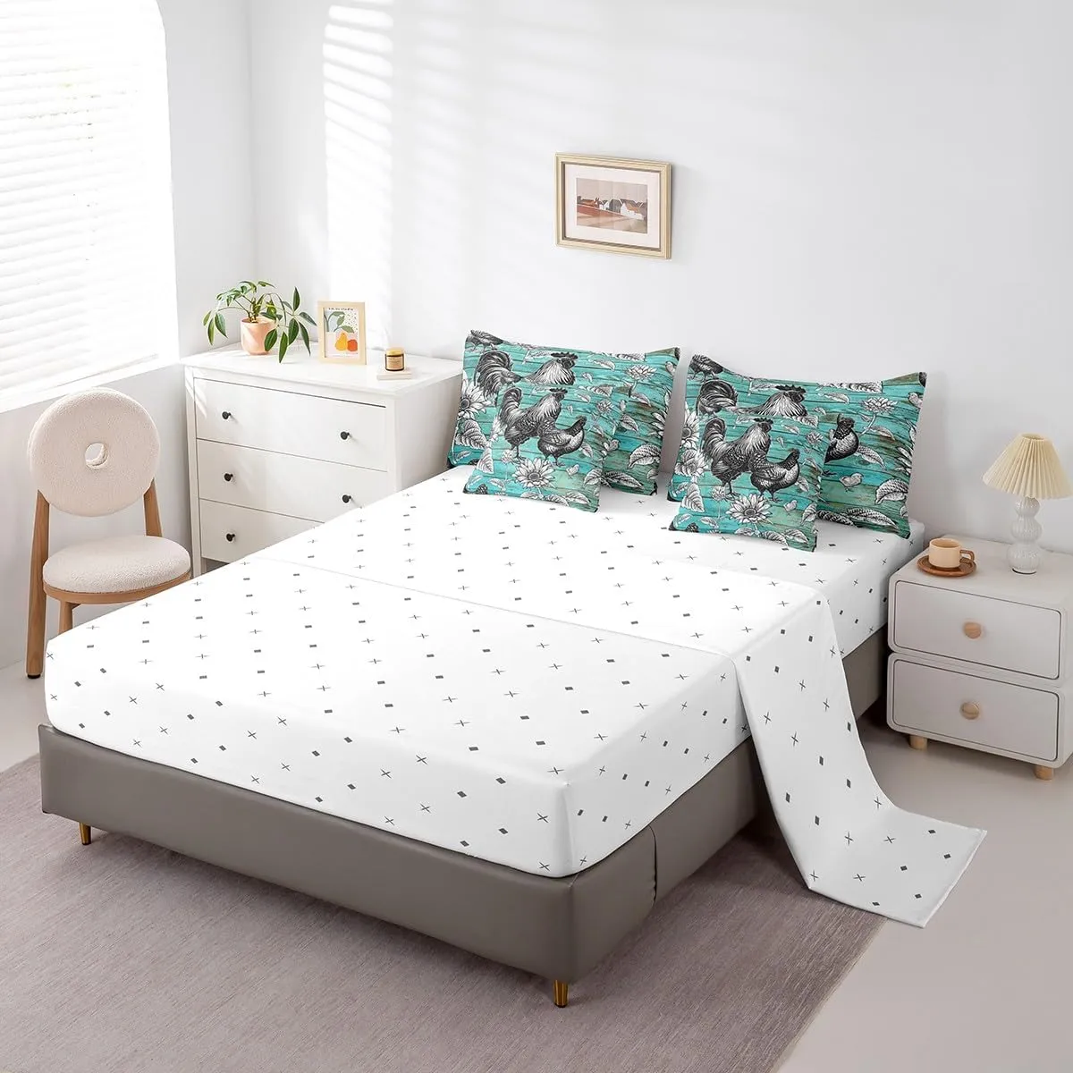 Manfei 7 Pieces Chicken Comforter Set Twin Size, Sunflower Bedding Set for Kids Girls Boys Room Decor, Blue Wooden Plank Bed in a Bag 7pcs with Comforter, Fitted Sheet, Flat Sheet and Pillow Cases