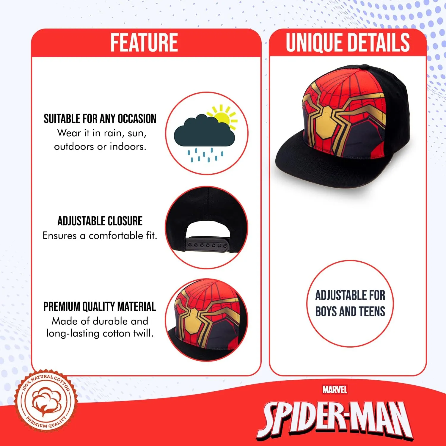 Marvel Spiderman Hat for Boys, Breathable Spiderman Baseball Cap for Toddlers, Boys Ages 3-9