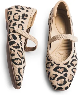 Mary Jane Flat Shoes for Women with Arch Support and Concealed Low Wedge Heel, Comfortable Women Square Toe Ballet Flats Knit Dress Shoes