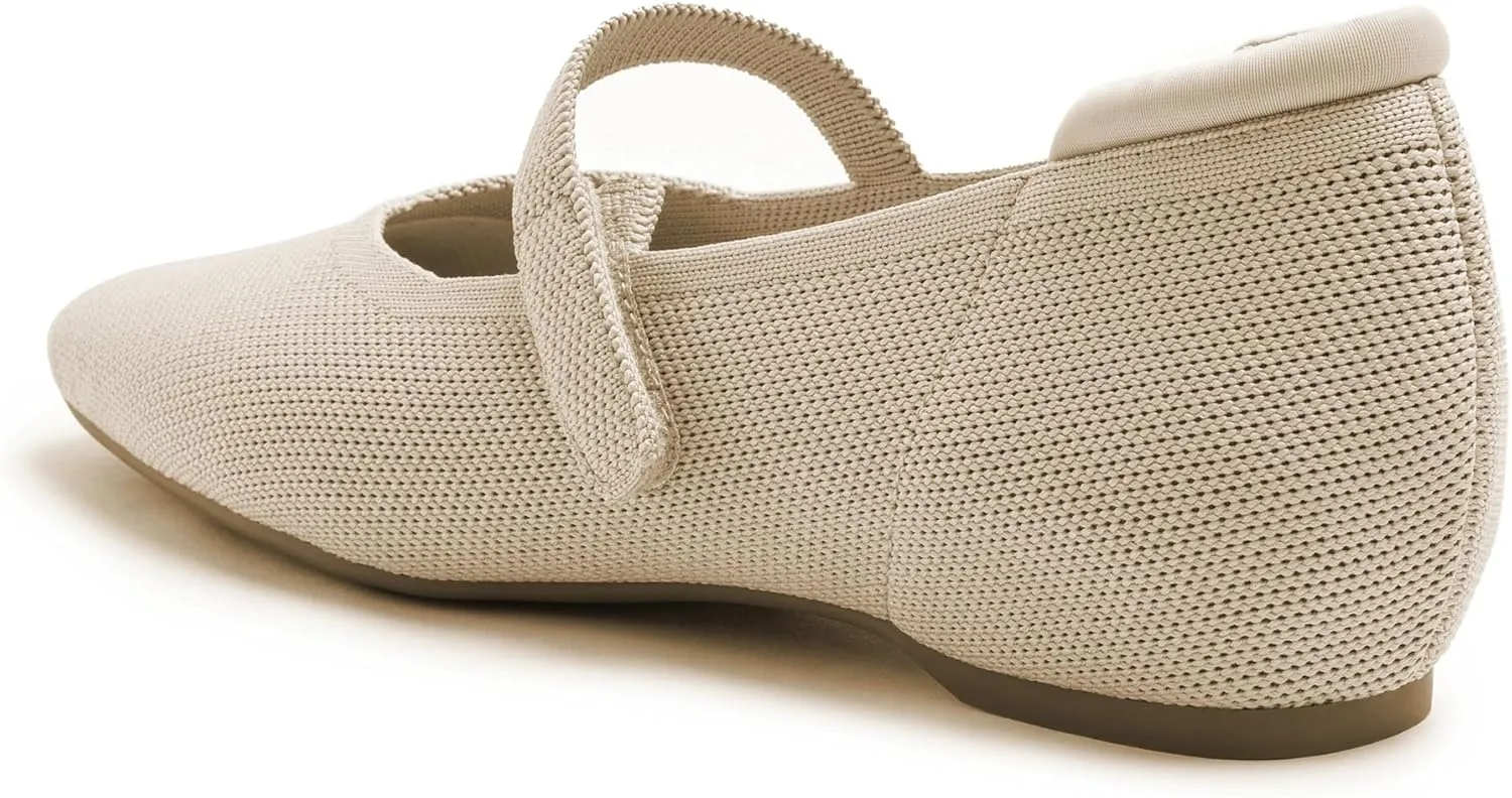 Mary Jane Flat Shoes for Women with Arch Support and Concealed Low Wedge Heel, Comfortable Women Square Toe Ballet Flats Knit Dress Shoes
