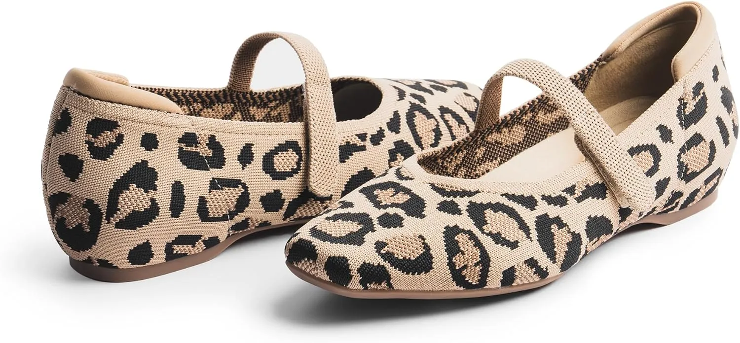 Mary Jane Flat Shoes for Women with Arch Support and Concealed Low Wedge Heel, Comfortable Women Square Toe Ballet Flats Knit Dress Shoes