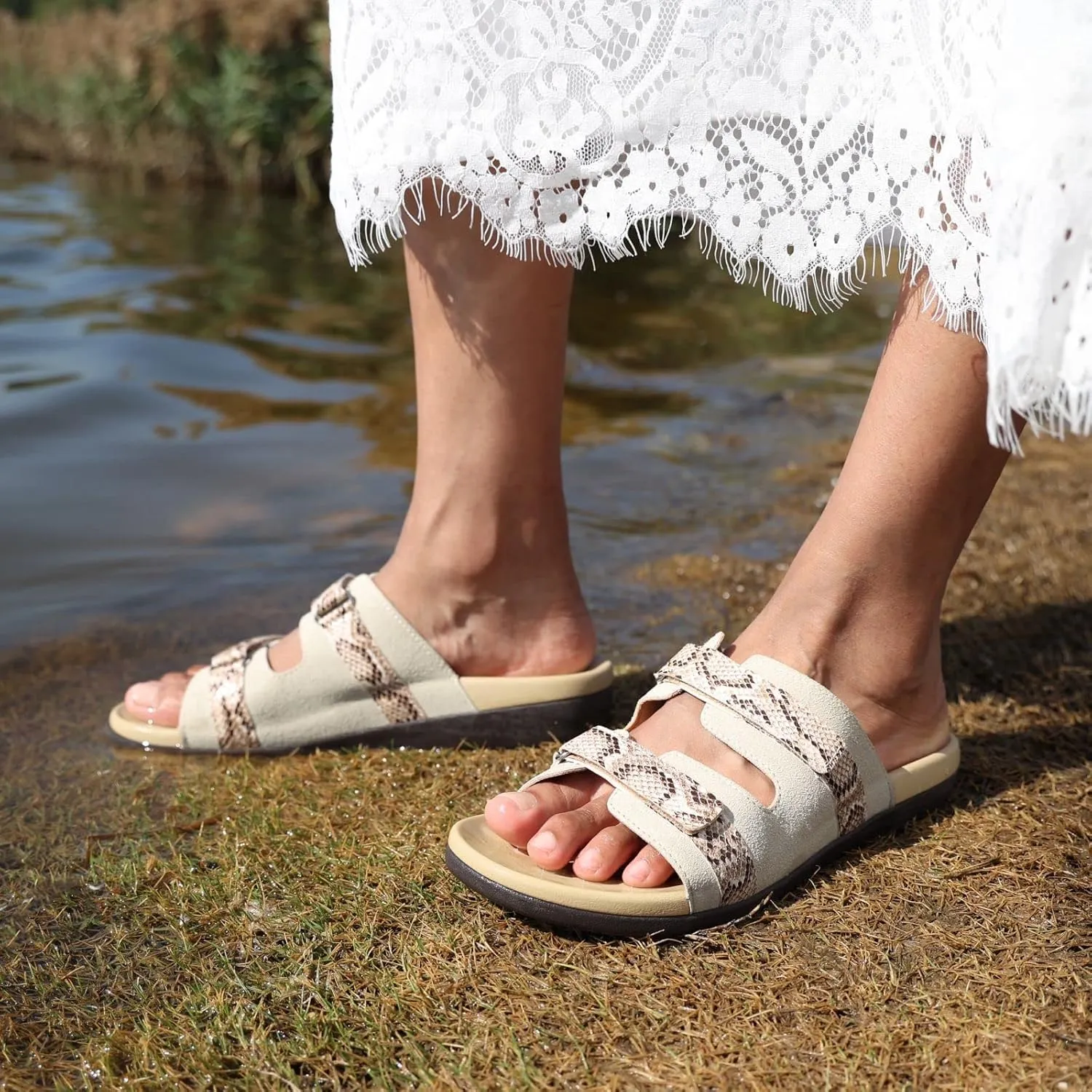 MEGNYA Women Comfortable Walking Sandals with Arch Support, Plantar Fasciitis Slides for Flat Feet Relieve, Orthopedic Sandals with Adjustable Straps