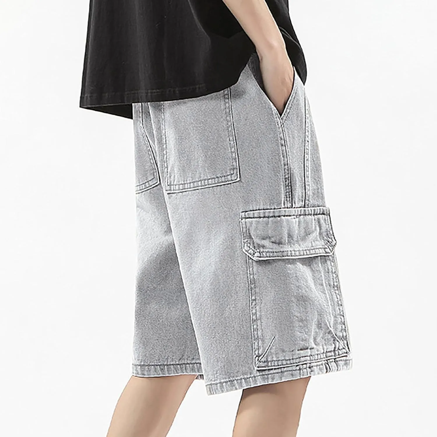 Men Baggy Jean Shorts Loose Fit Mid Denim Shorts Wide Leg Y2K Hip Hop Trendy Outfits
