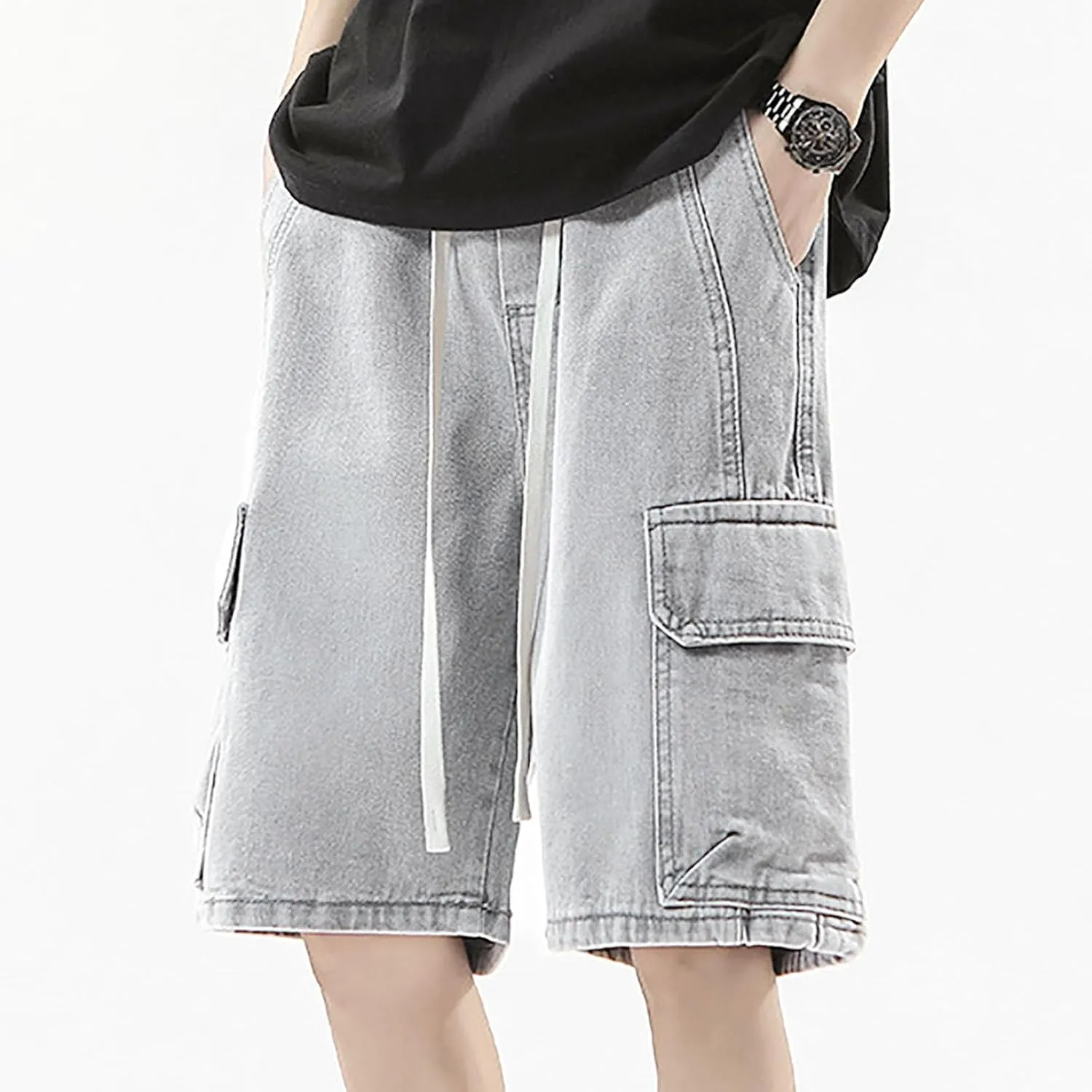 Men Baggy Jean Shorts Loose Fit Mid Denim Shorts Wide Leg Y2K Hip Hop Trendy Outfits