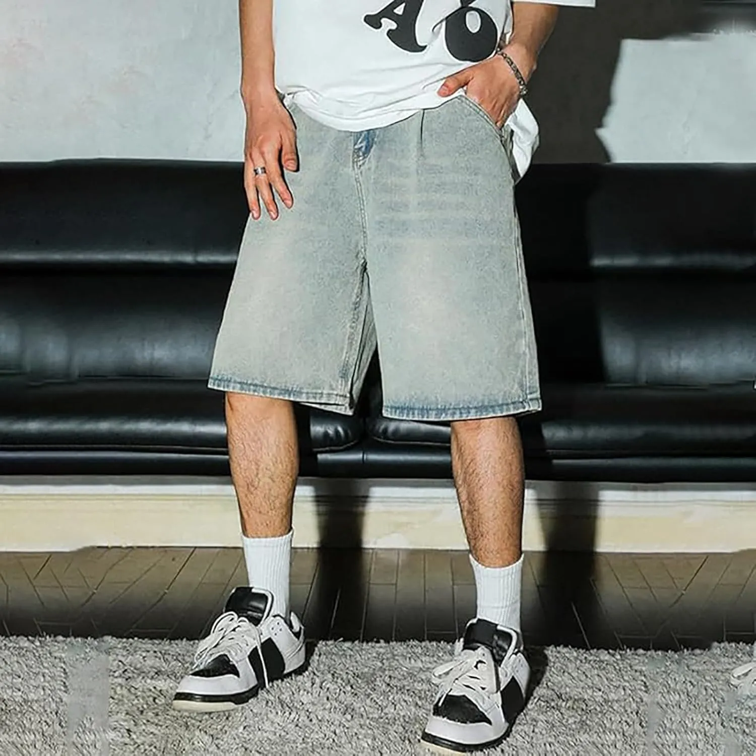 Mens Baggy Denim Jorts Y2K Vintage Loose Hip Hop Jean Shorts Wide Leg Long Jeans Trendy Outfits