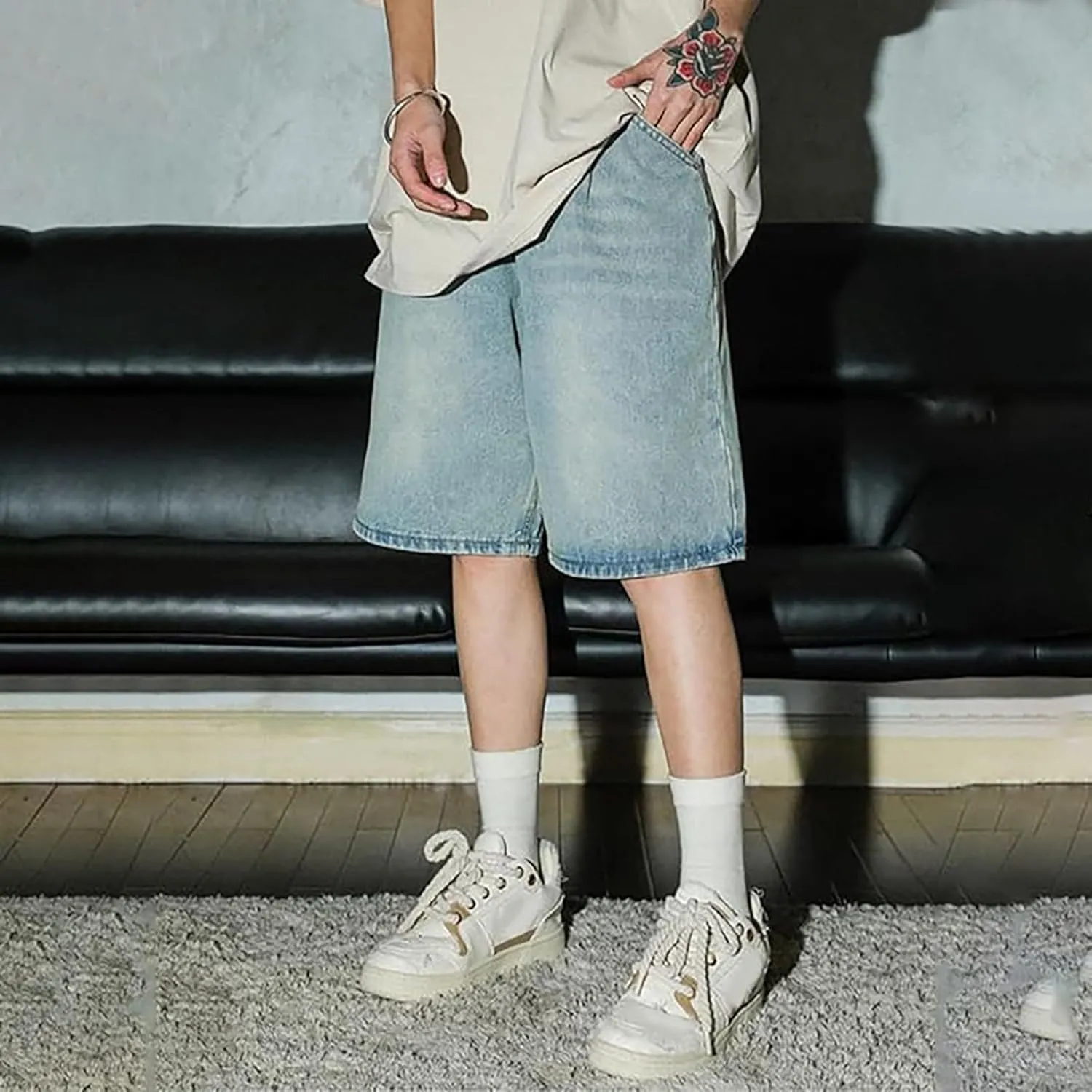 Men's Baggy Jean Shorts Loose Fit Mid Denim Shorts Wide Leg Aesthetic Pants Streetwear