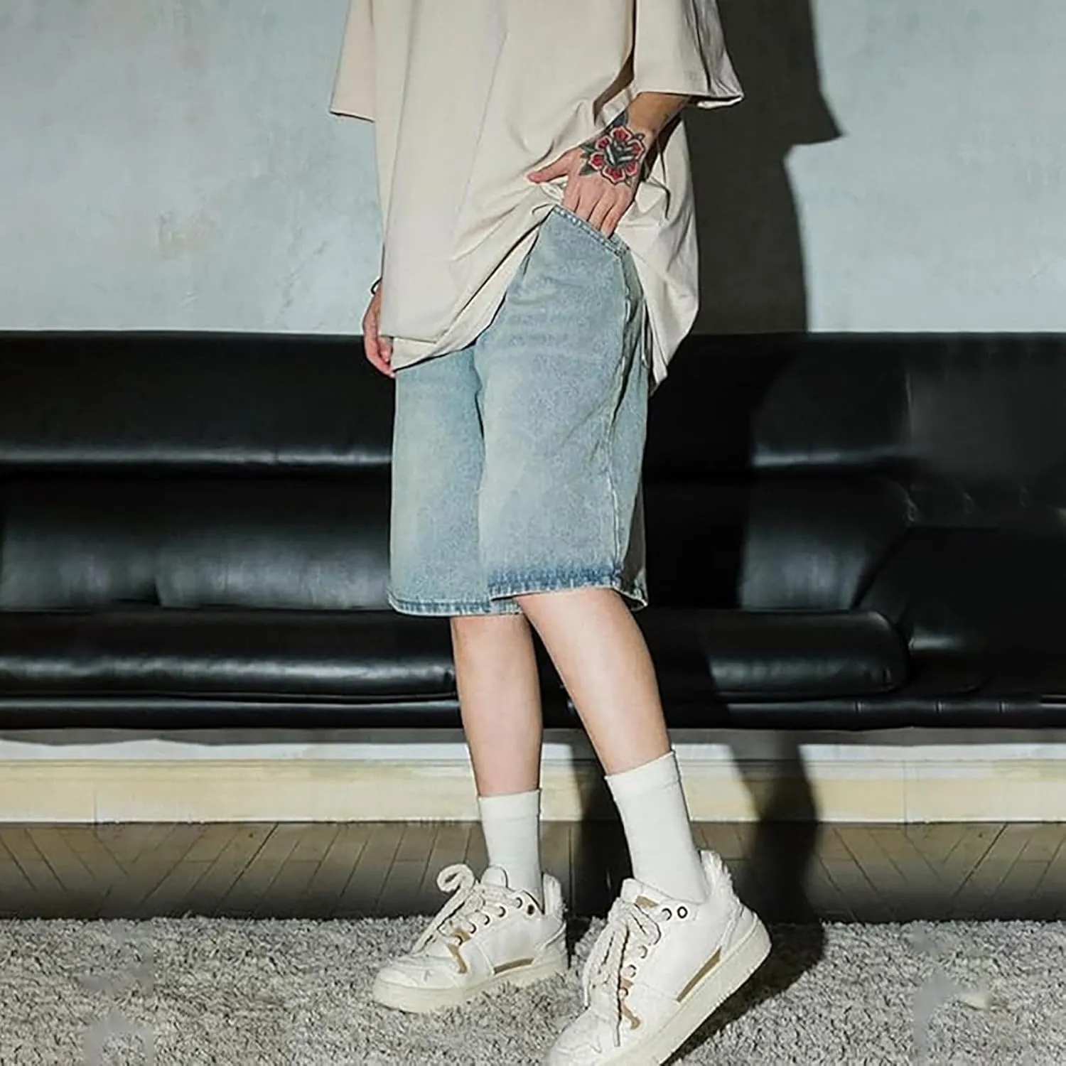 Men's Baggy Jean Shorts Loose Fit Mid Denim Shorts Wide Leg Aesthetic Pants Streetwear