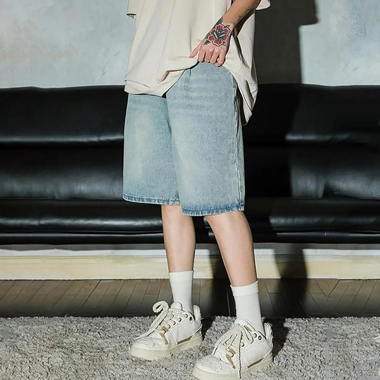 Men's Baggy Jean Shorts Loose Fit Mid Denim Shorts Wide Leg Aesthetic Pants Streetwear