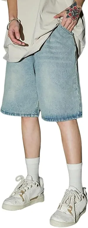 Men's Baggy Jean Shorts Loose Fit Mid Denim Shorts Wide Leg Aesthetic Pants Streetwear