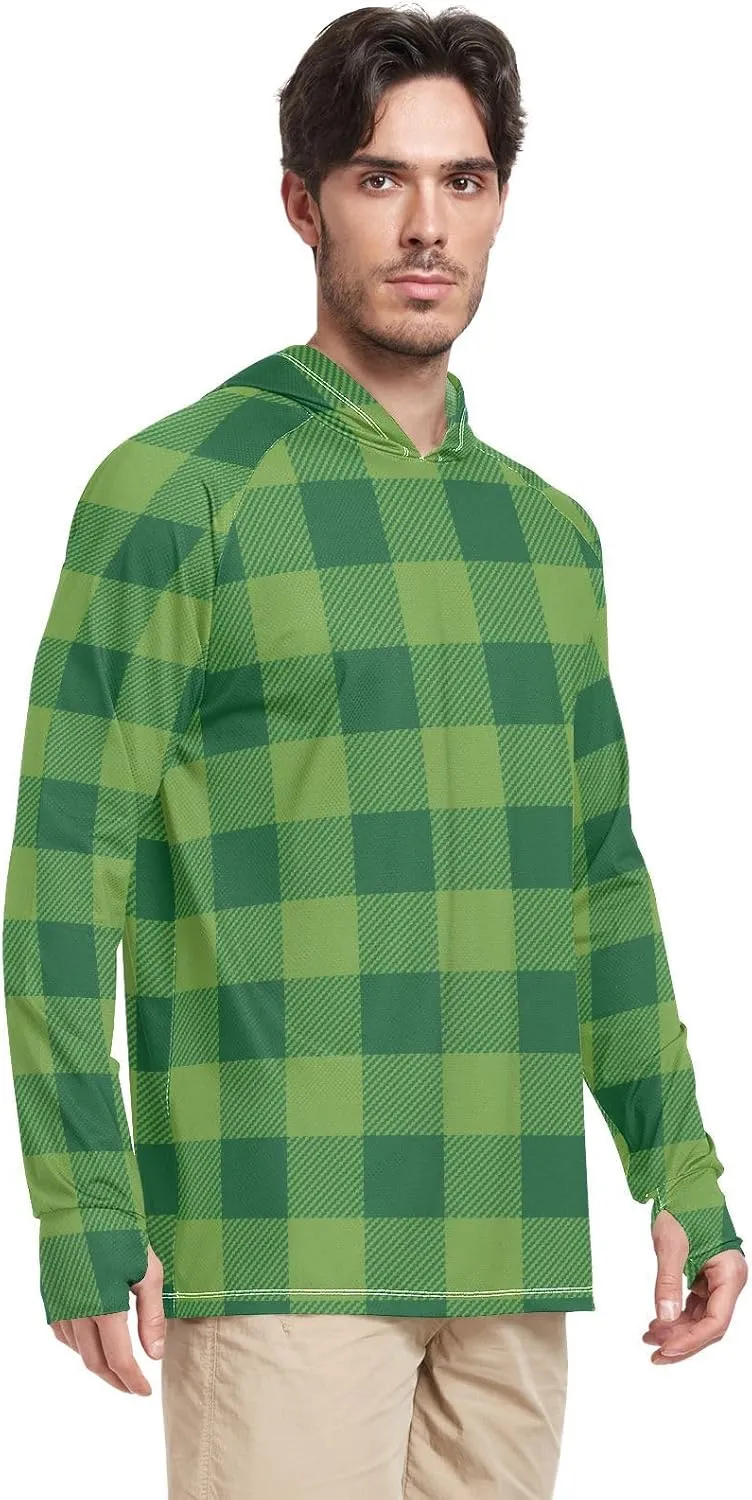 Mens Hoodie Sun Protection Long Sleeve Cream Plaid Sun Shirt with Hood UPF 50 Sun Proof Shirts Rash Guards Mens
