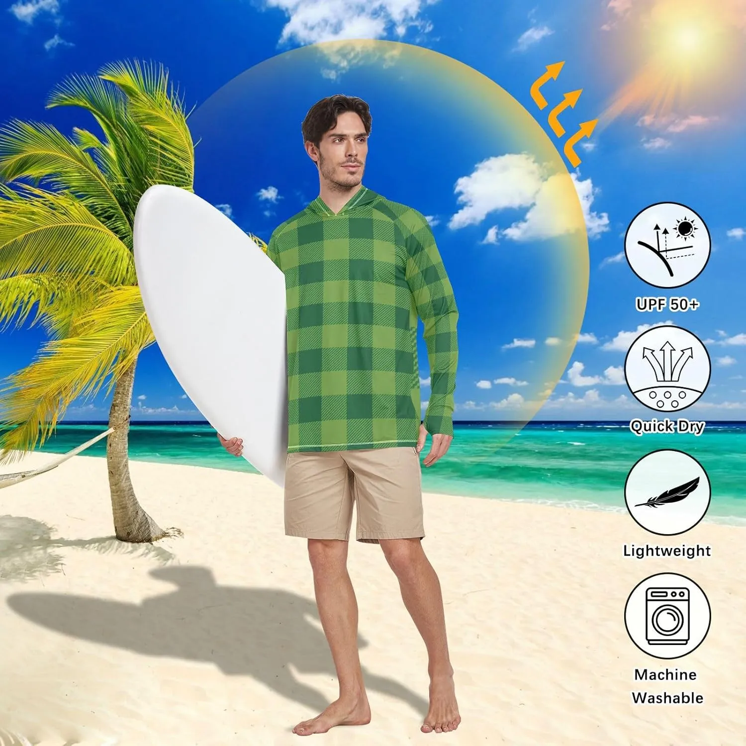 Mens Hoodie Sun Protection Long Sleeve Cream Plaid Sun Shirt with Hood UPF 50 Sun Proof Shirts Rash Guards Mens