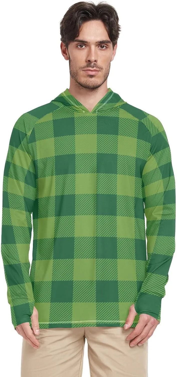 Mens Hoodie Sun Protection Long Sleeve Cream Plaid Sun Shirt with Hood UPF 50 Sun Proof Shirts Rash Guards Mens