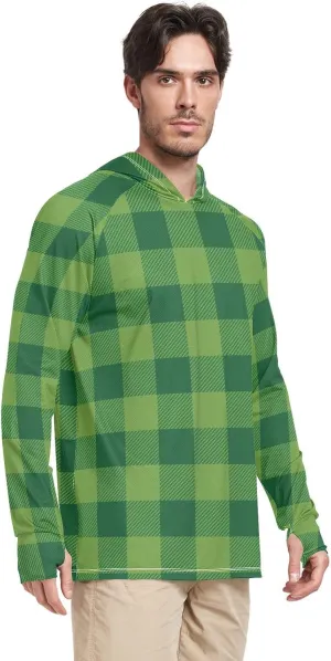 Mens Hoodie Sun Protection Long Sleeve Cream Plaid Sun Shirt with Hood UPF 50 Sun Proof Shirts Rash Guards Mens