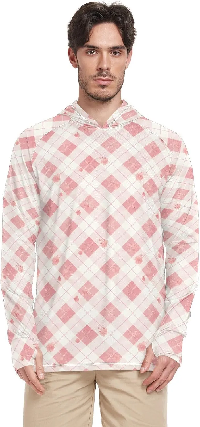 Mens Hoodie Sun Protection Long Sleeve UPF 50 Mens Sun Shirt Fishing Shirt UV Hooded Rash Guard Plaid Dusty Rose