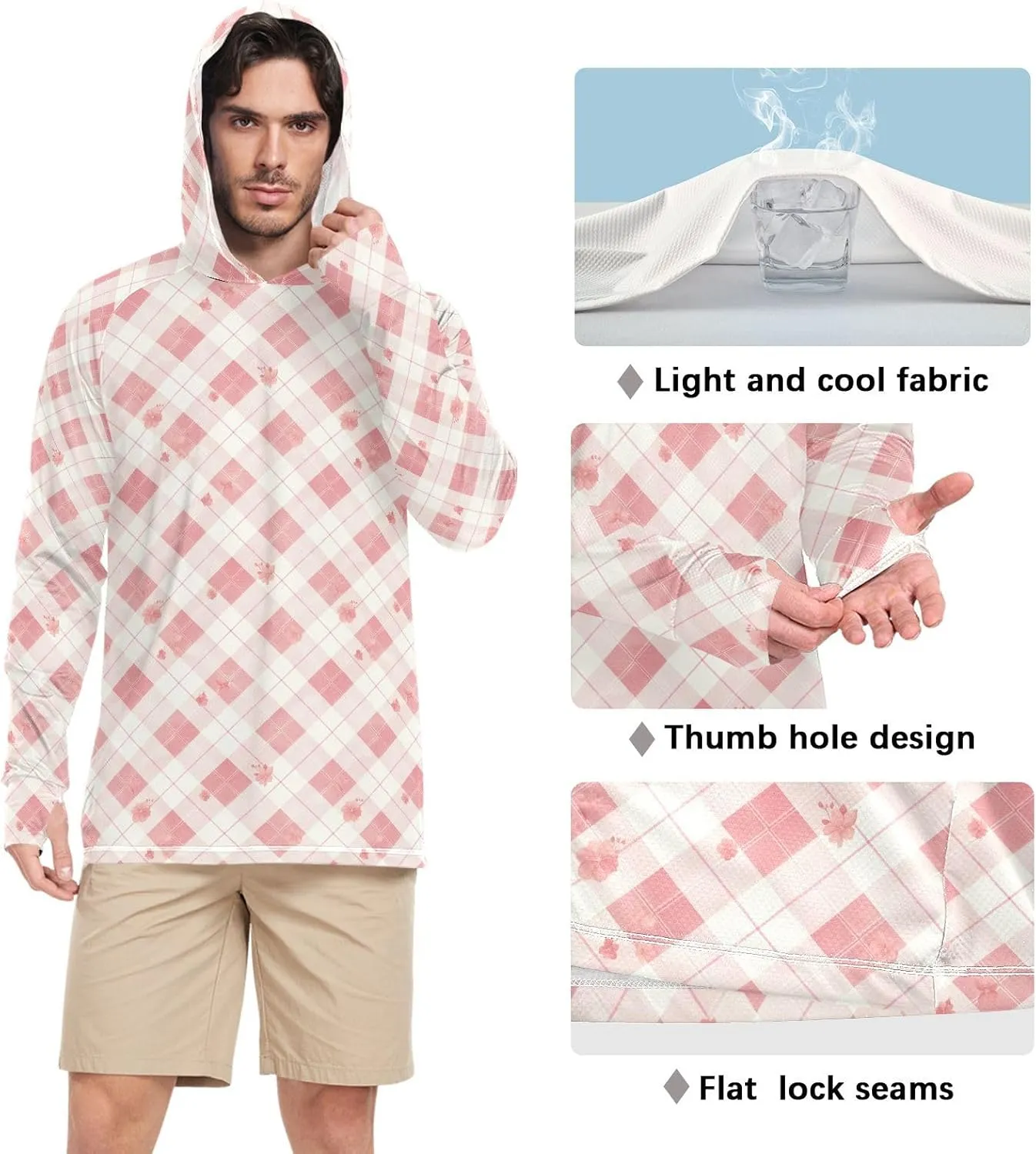 Mens Hoodie Sun Protection Long Sleeve UPF 50 Mens Sun Shirt Fishing Shirt UV Hooded Rash Guard Plaid Dusty Rose