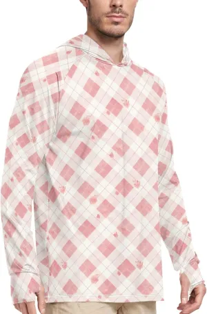 Mens Hoodie Sun Protection Long Sleeve UPF 50 Mens Sun Shirt Fishing Shirt UV Hooded Rash Guard Plaid Dusty Rose