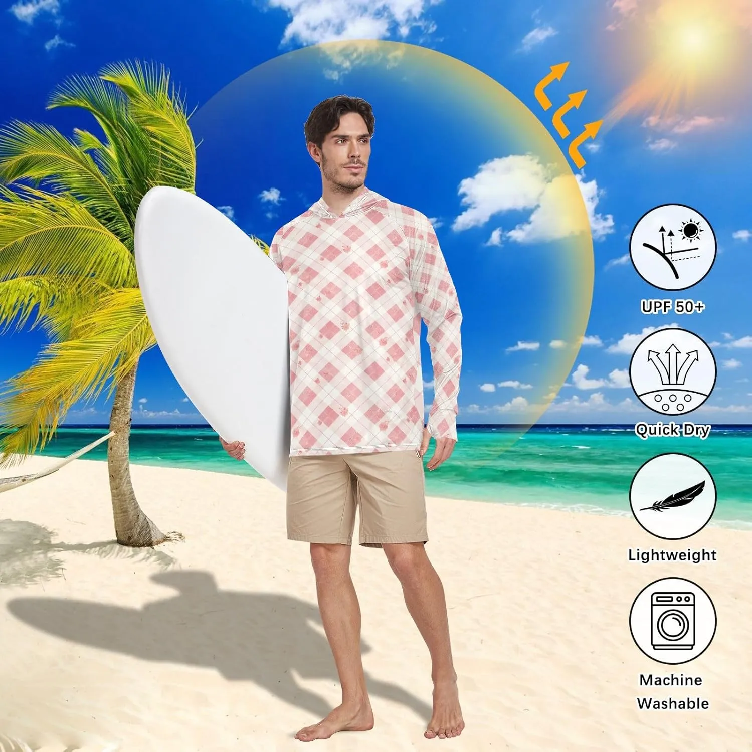 Mens Hoodie Sun Protection Long Sleeve UPF 50 Mens Sun Shirt Fishing Shirt UV Hooded Rash Guard Plaid Dusty Rose