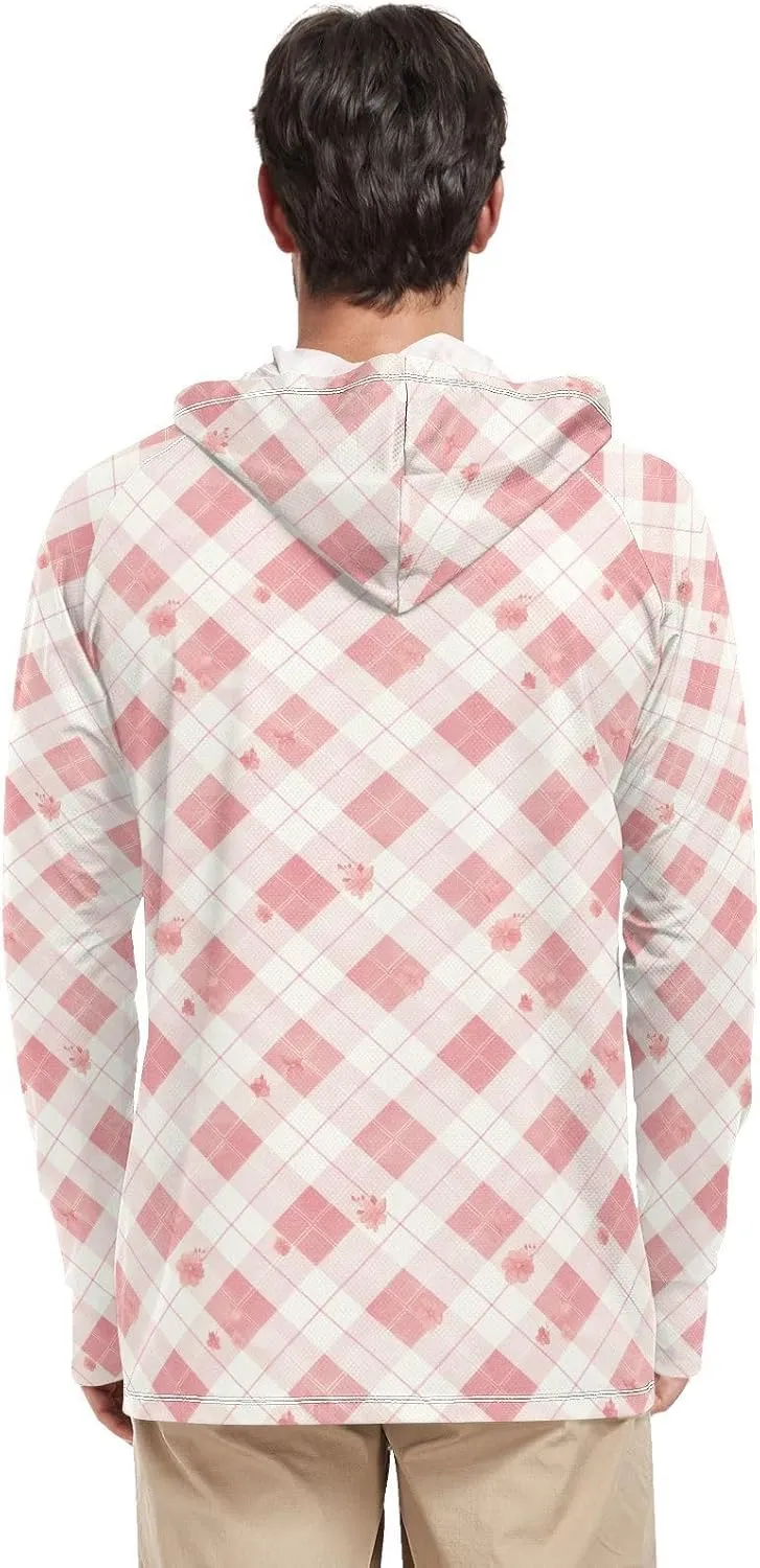 Mens Hoodie Sun Protection Long Sleeve UPF 50 Mens Sun Shirt Fishing Shirt UV Hooded Rash Guard Plaid Dusty Rose