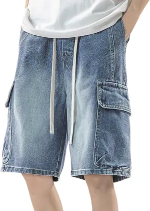 Mens Loose Hip Hop Mid Jean Shorts Baggy Denim Shorts with Pockets Summer Casual Streetwear Clothes