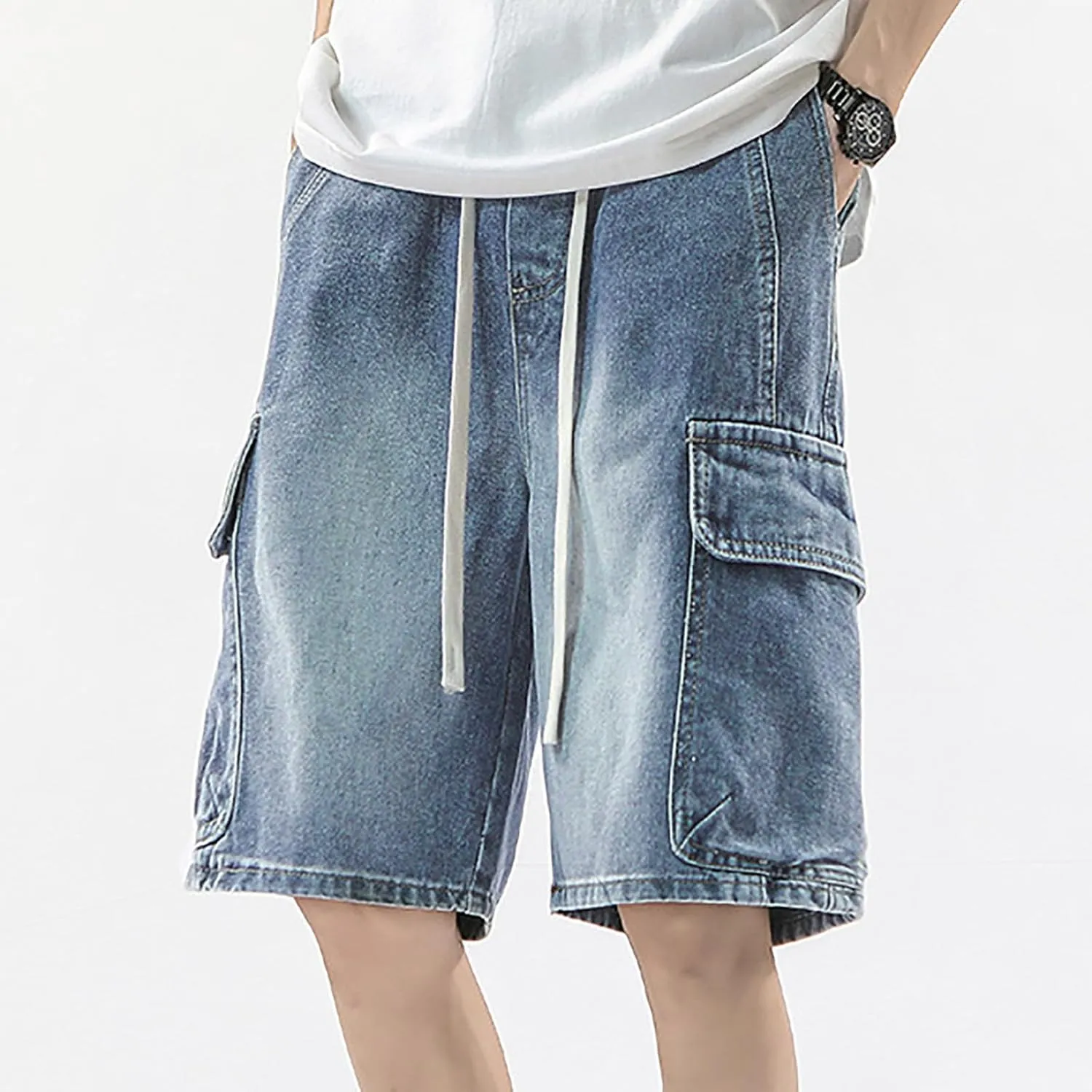 Mens Loose Hip Hop Mid Jean Shorts Baggy Denim Shorts with Pockets Summer Casual Streetwear Clothes