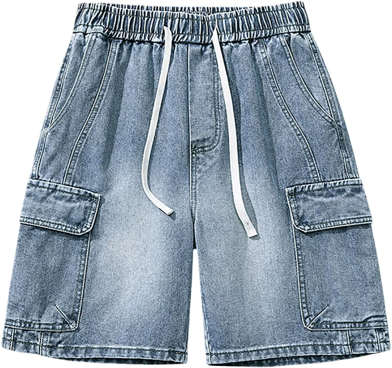 Mens Loose Hip Hop Mid Jean Shorts Baggy Denim Shorts with Pockets Summer Casual Streetwear Clothes