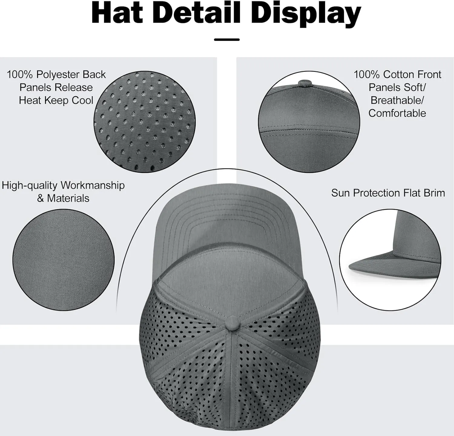 Men's Oversize XXL Flat Brim Baseball Cap Adjustable Performance Snapback Hat Laser Perforated Cap Plus Size for Big Head