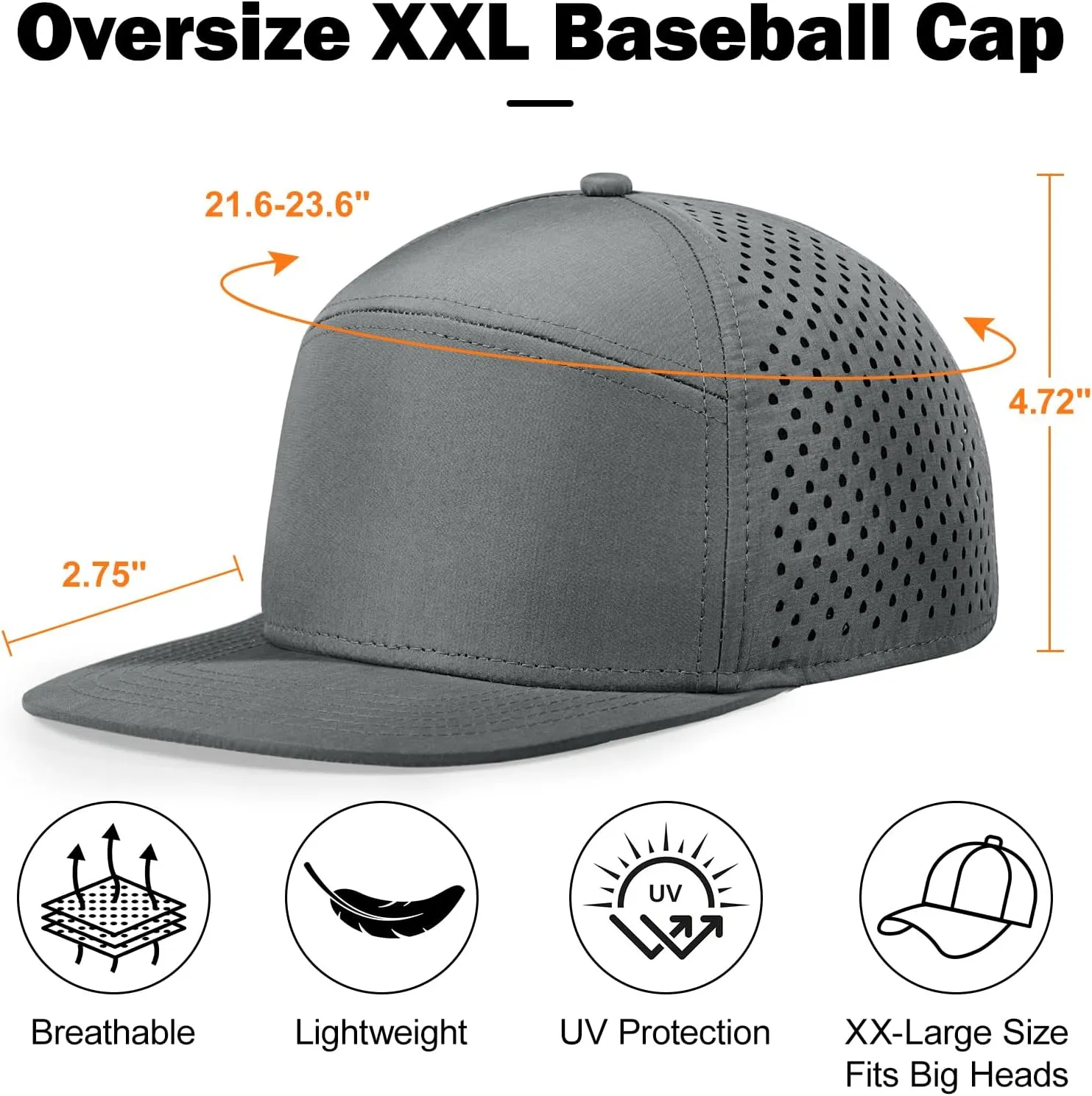 Men's Oversize XXL Flat Brim Baseball Cap Adjustable Performance Snapback Hat Laser Perforated Cap Plus Size for Big Head