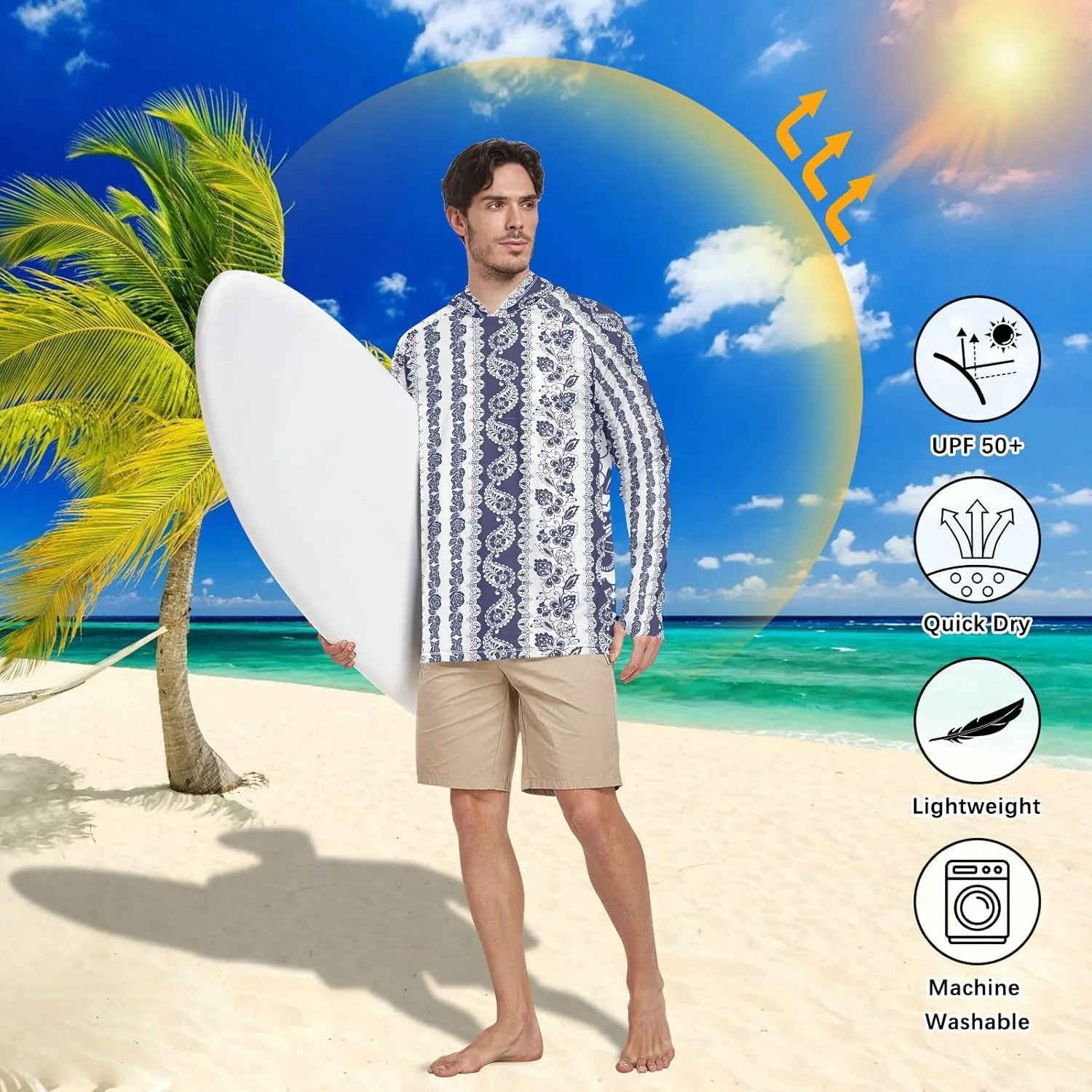 Men's Sun Shirt Hoodie Long Sleeve Paisley Floral UPF 50 Mens Sun Shirt Sailing Rash Guard UV Rash Guard Hooded