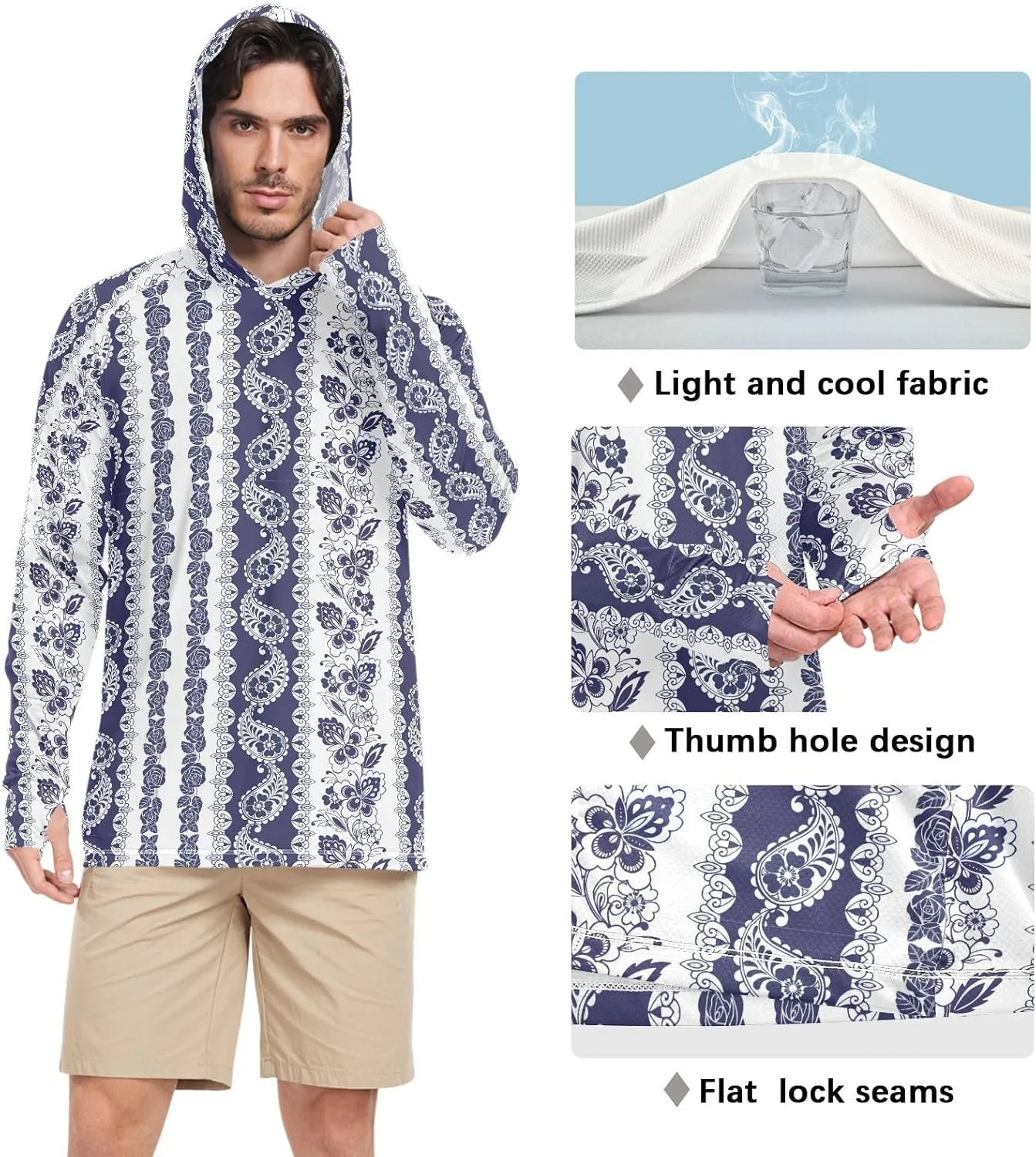Men's Sun Shirt Hoodie Long Sleeve Paisley Floral UPF 50 Mens Sun Shirt Sailing Rash Guard UV Rash Guard Hooded