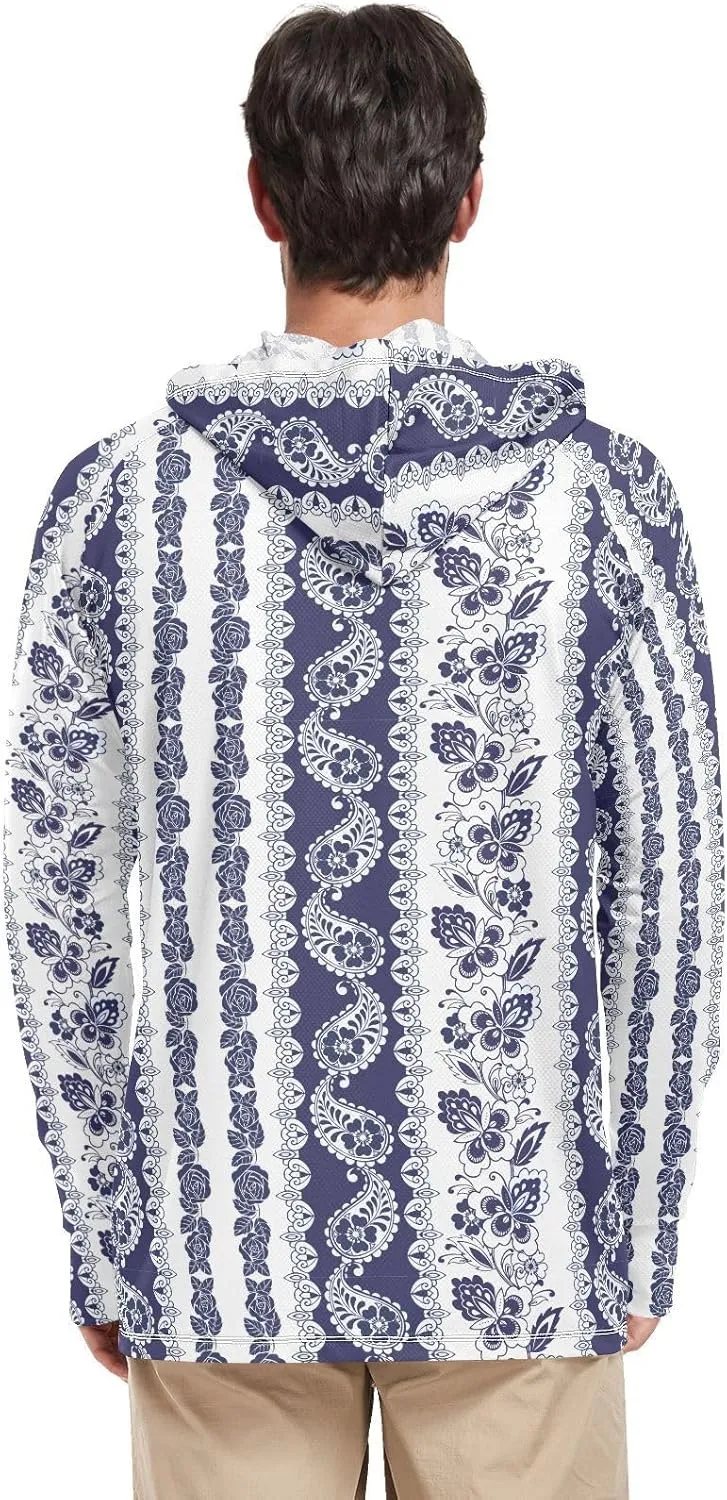 Men's Sun Shirt Hoodie Long Sleeve Paisley Floral UPF 50 Mens Sun Shirt Sailing Rash Guard UV Rash Guard Hooded