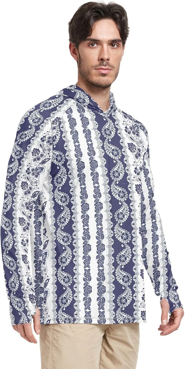 Men's Sun Shirt Hoodie Long Sleeve Paisley Floral UPF 50 Mens Sun Shirt Sailing Rash Guard UV Rash Guard Hooded