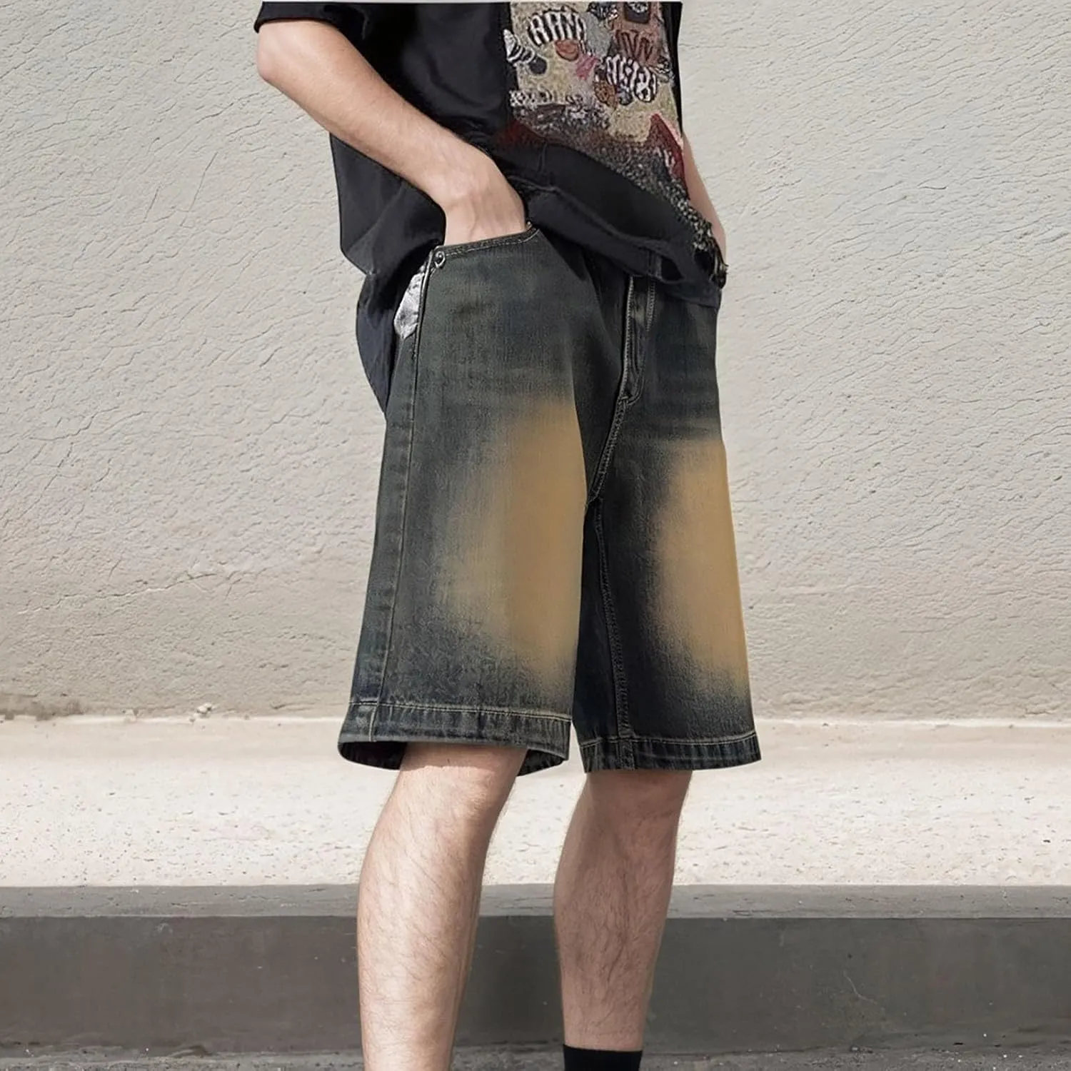 Men's Wide Leg Y2K Hip Hop Mid Jean Shorts Baggy Denim Shorts with Pockets Aesthetic Pants Streetwear Clothes