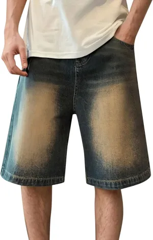 Men's Wide Leg Y2K Hip Hop Mid Jean Shorts Baggy Denim Shorts with Pockets Aesthetic Pants Streetwear Clothes